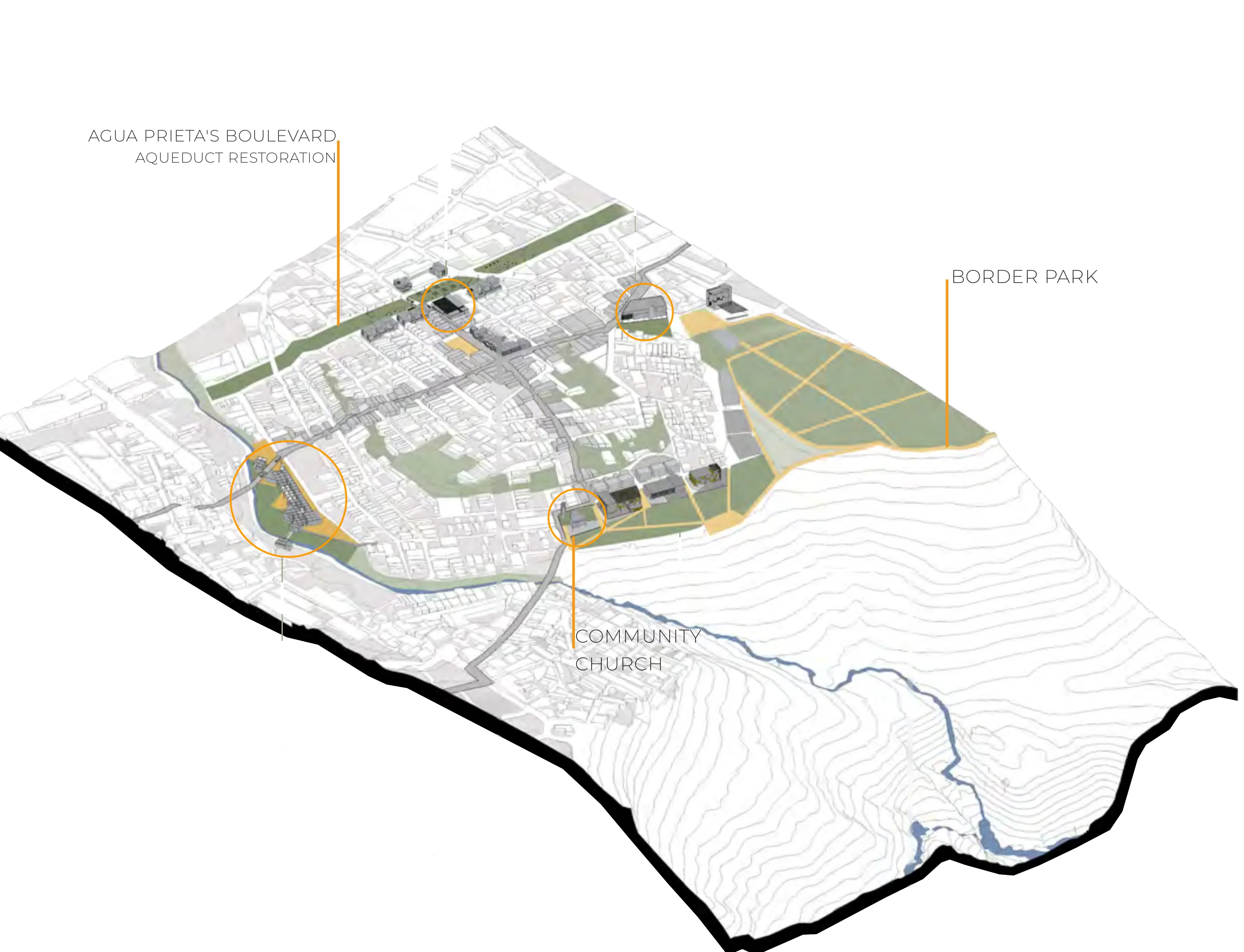 Isometric view of Zapopan's transformation plan: the existing fabric reorganized around Agua Prieta's boulevard and the restored aqueduct, with circled intervention nodes and the border park edging the canyon.