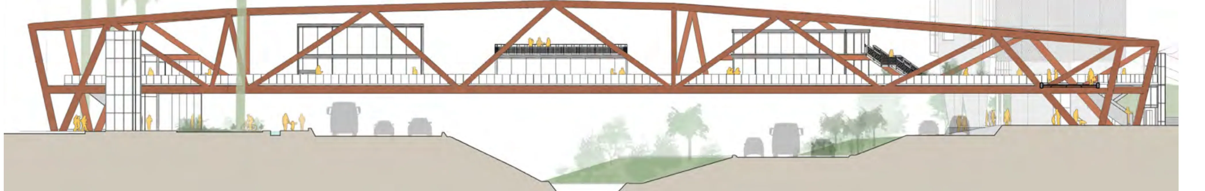 Longitudinal elevation of the bridge: the terracotta lattice arching over the sectioned terrain and river channel, its deck lined with shops and figures, meeting the tower at the far end of the crossing.
