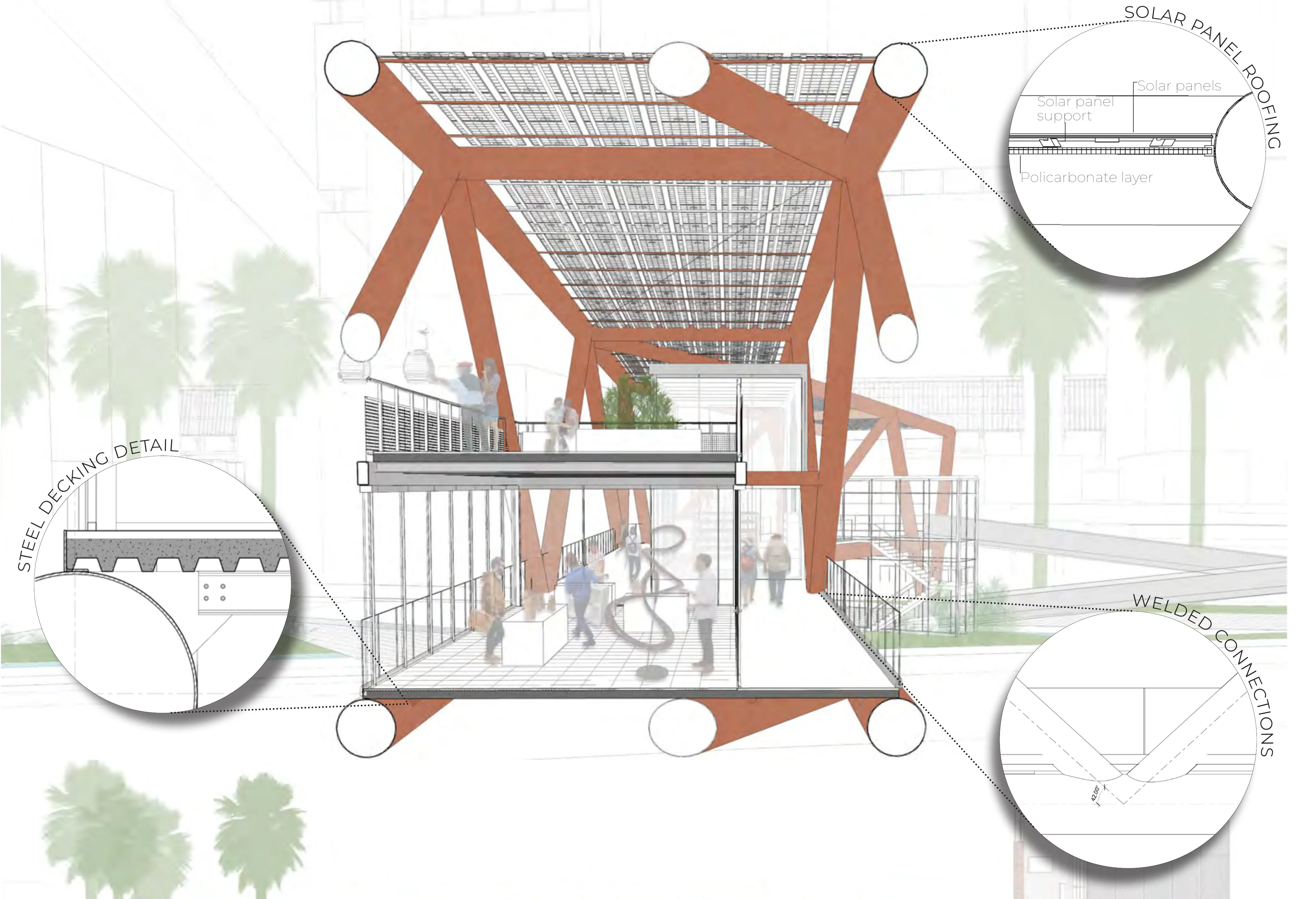 Sectioned perspective of the bridge: the terracotta steel structure carrying a solar panel roof over a two-level commercial deck with people among shops and exhibits, flanked by circular detail callouts of the steel decking, the solar panel roofing and the welded connections.