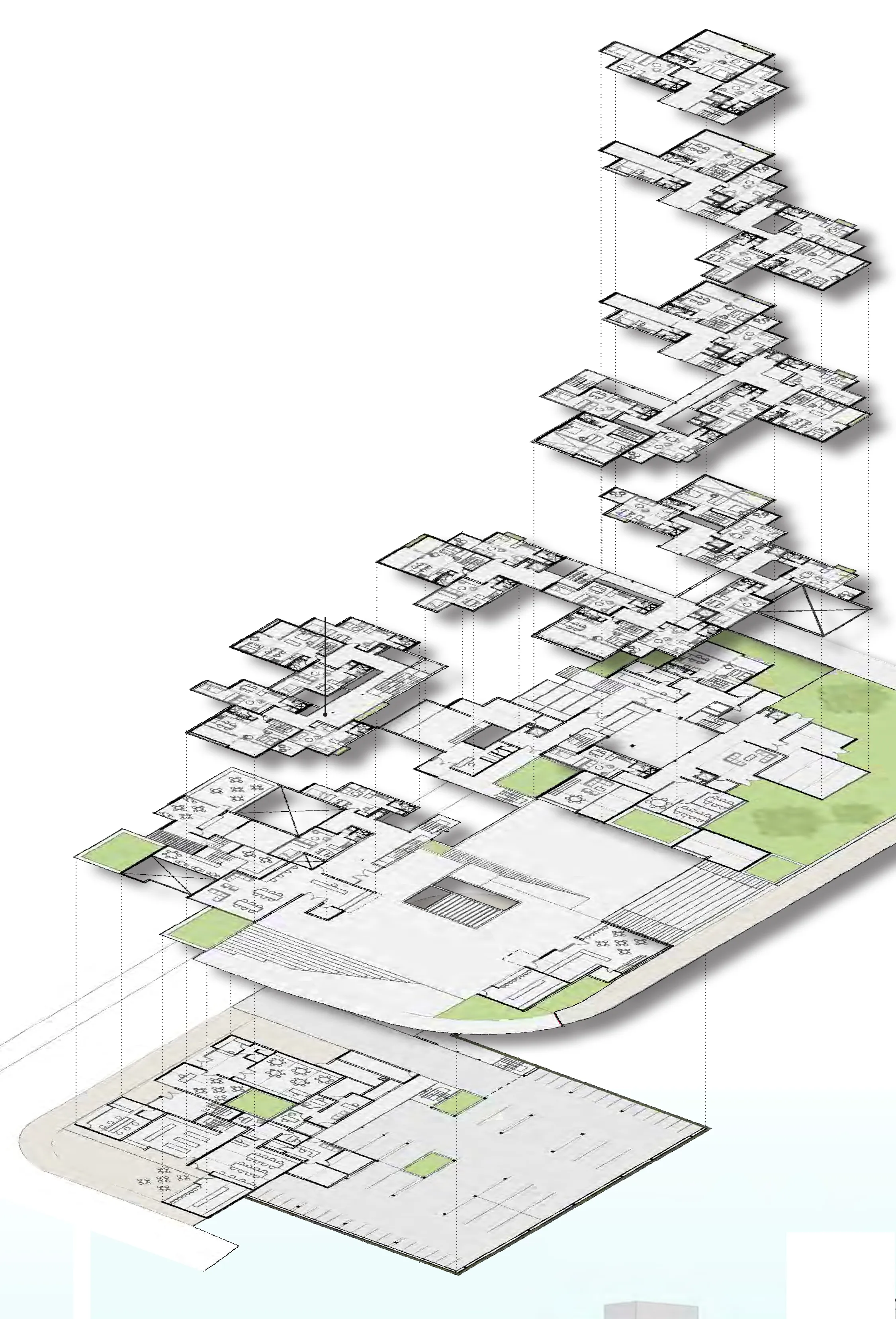 Exploded axonometric of the mixed-use apartment complex: unit floor plans cascade level by level down to the ground floor and the parking basement, with linear circulation sequences threading the assembly.