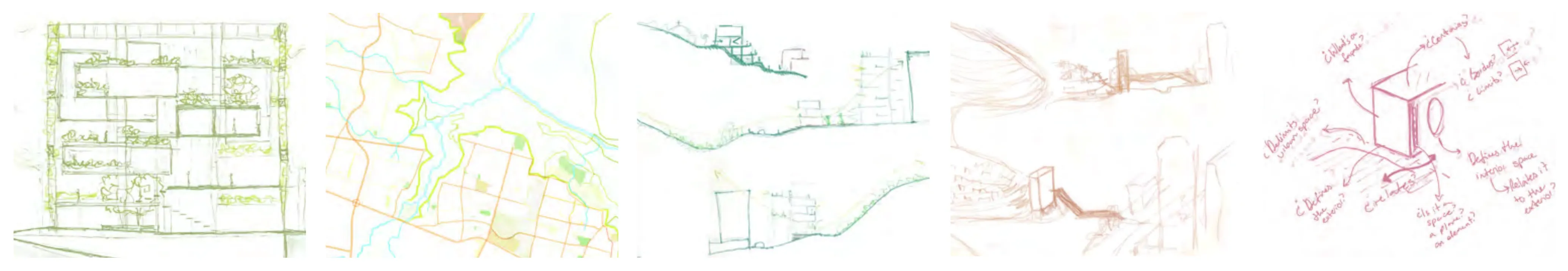 Hand-drawn sketches of five architectural projects