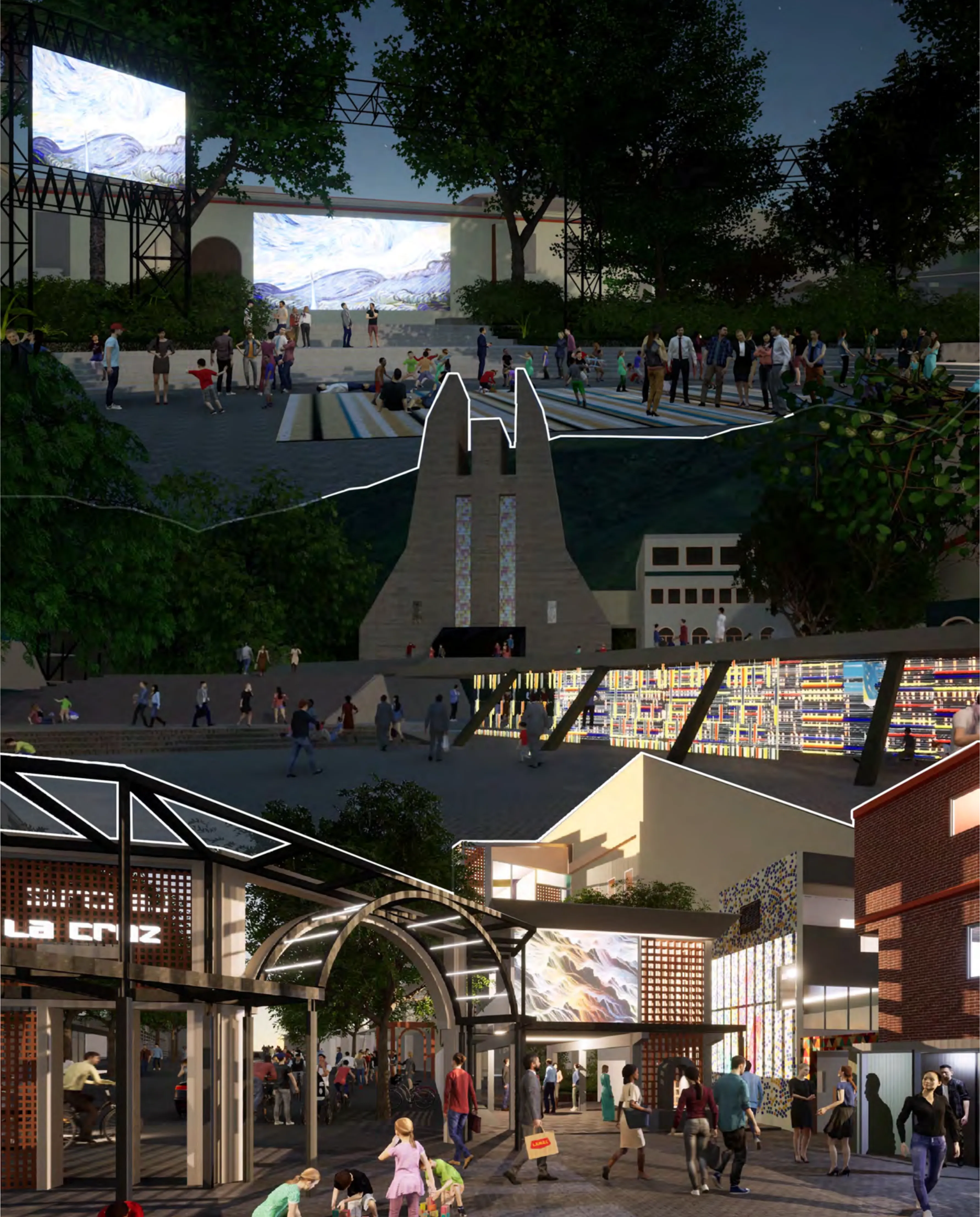 Night collage of the thesis interventions by Angelica De Bernardo: an open-air screen glowing against the dark silhouette of El Ávila over the stepped plaza of Altamira and the twin towers of Don Bosco church, the illuminated colorful facades of Chacao's continuous gallery, and the arched entrance of La Cruz where people stroll under the new lattice canopy.