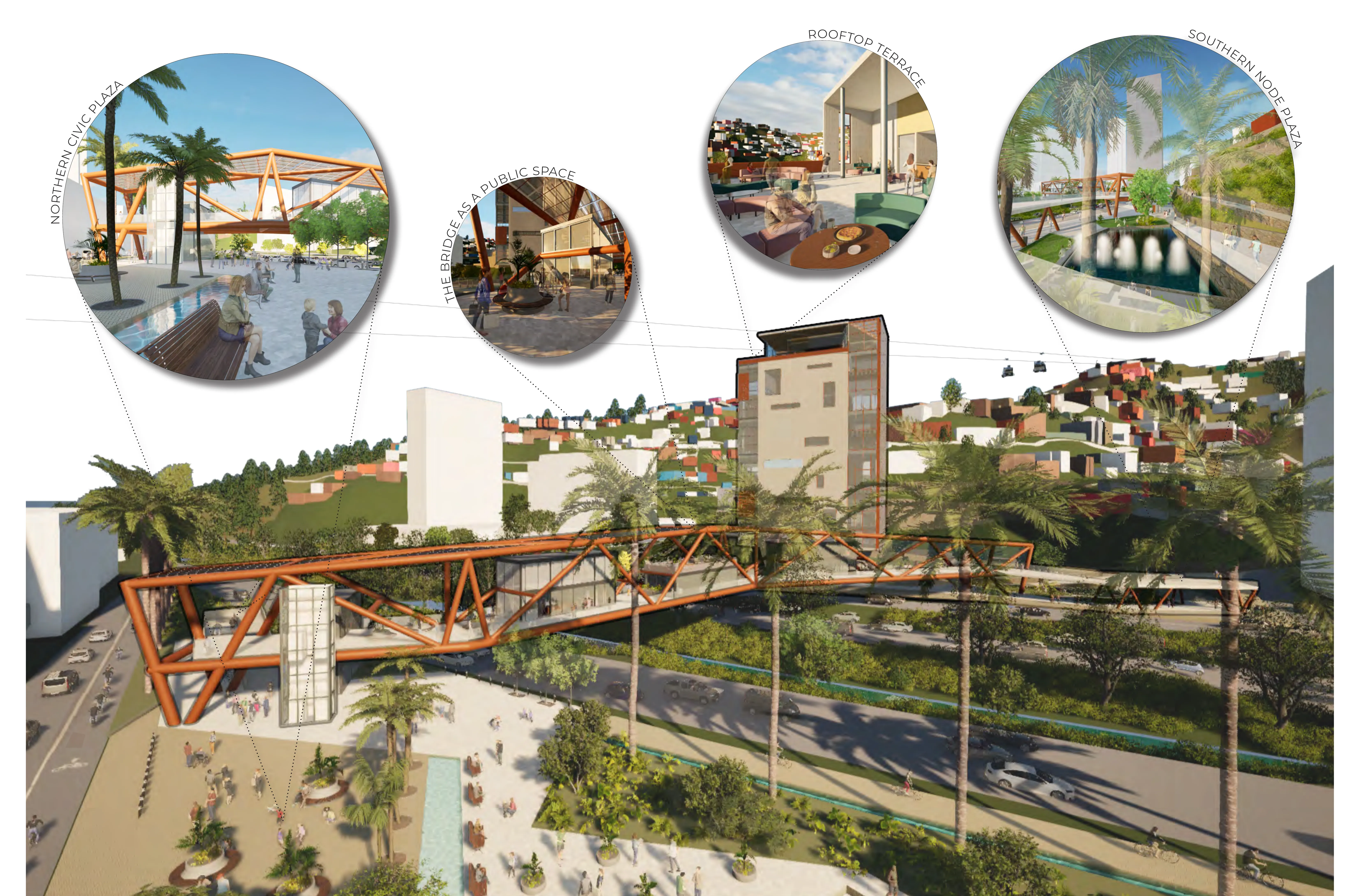 Aerial render of the proposal by Angelica De Bernardo: the terracotta lattice bridge crosses the highway from the city center into La Charneca's hillside, meeting the tower of the new community center, while circular callouts highlight the northern civic plaza, the bridge as a public space, the rooftop terrace and the southern node plaza.