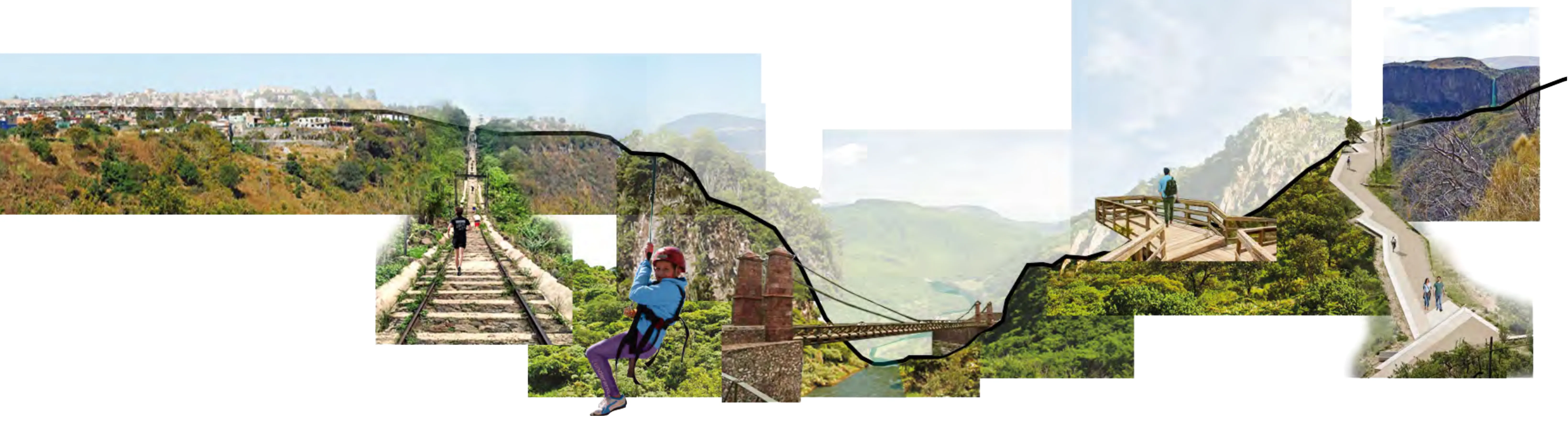 Conceptual collage of Huentitán, by Angelica De Bernardo: panoramic photographs of the canyon stitched along its silhouette — the city perched above the gorge, a rail line descending into it, a zipline rider, a suspension bridge and timber lookouts over the natural reserve.