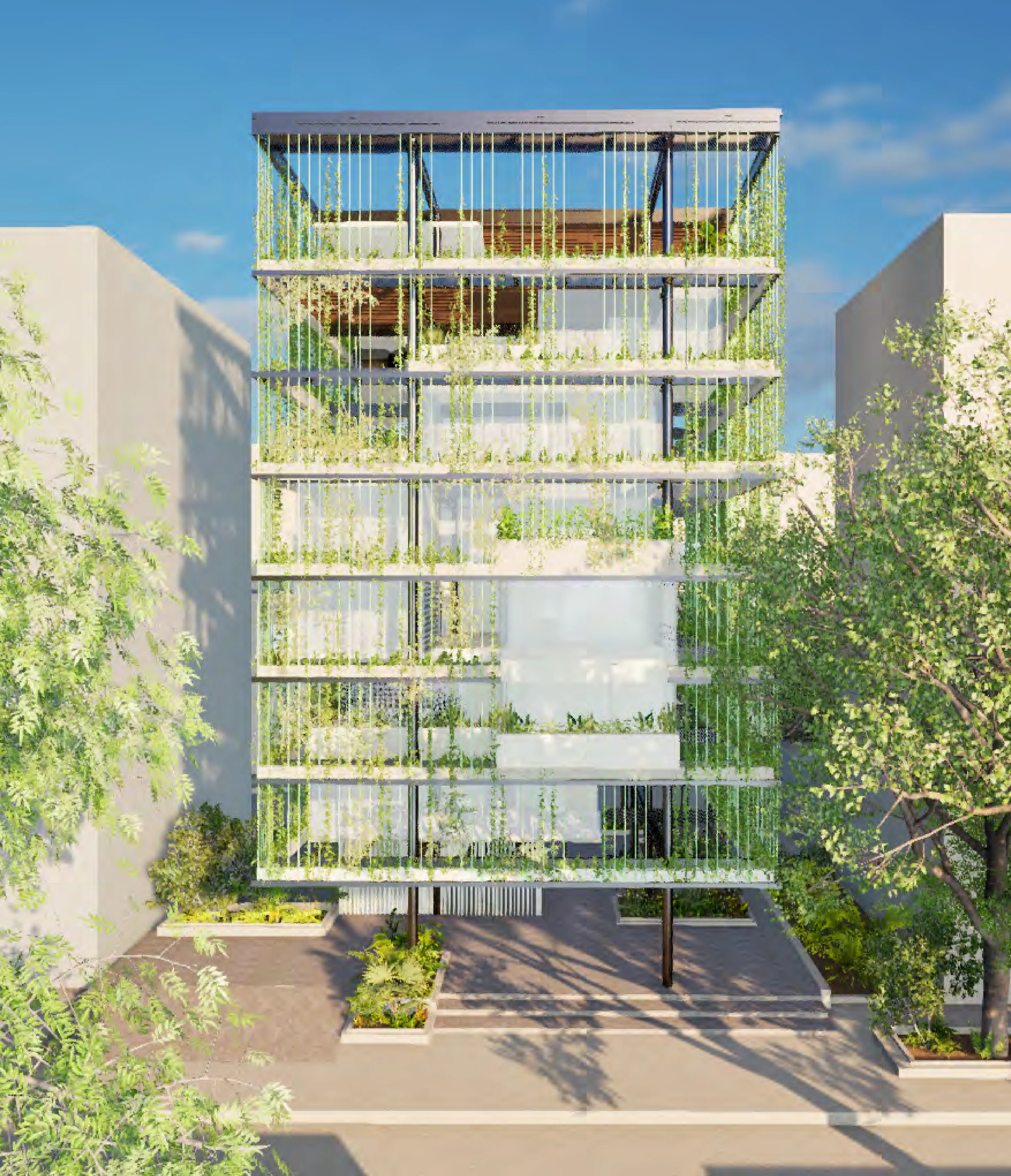 Street-level render of the proposal: a slender apartment building wrapped in a permeable facade of vertical slats and climbing vegetation, rising between its neighbours above a planted ground floor.