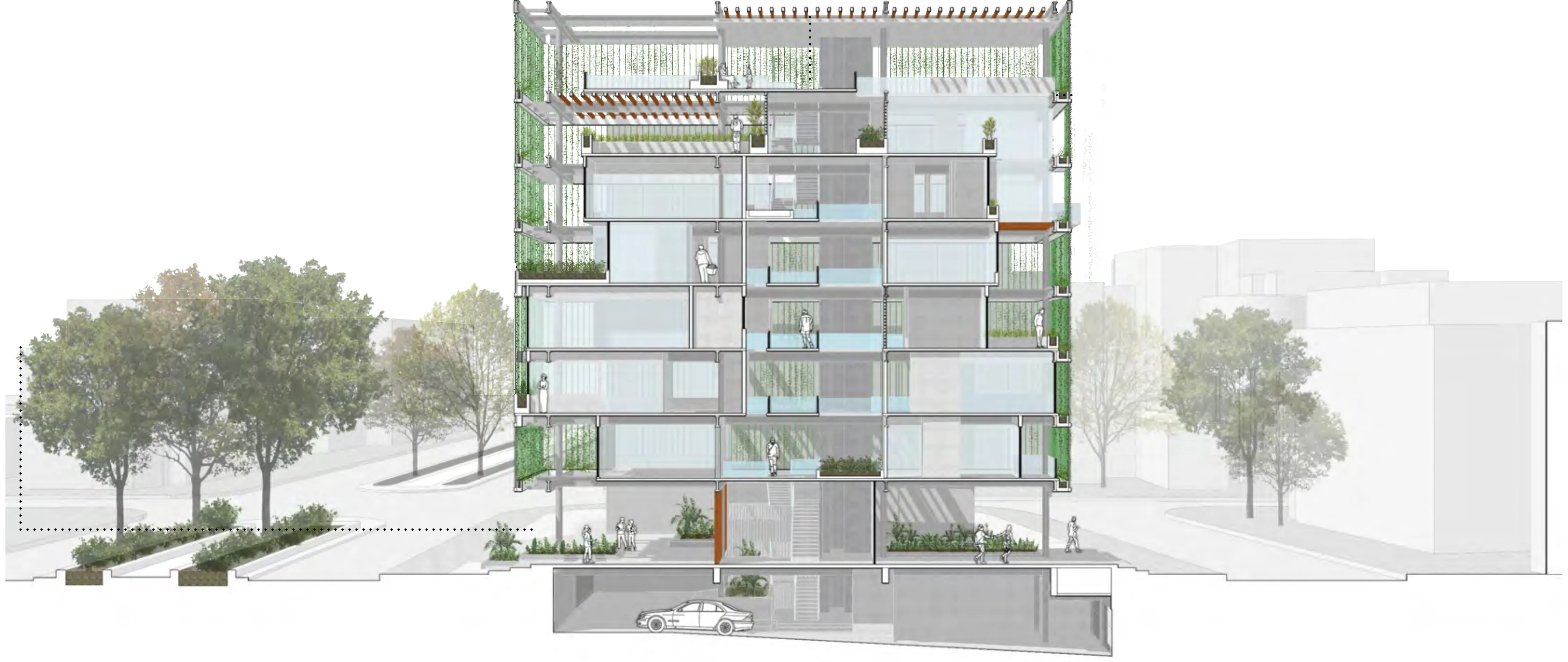 Rendered longitudinal section through the building and its neighbours: the public passage at street level, stacked housing units with planted terraces behind the green envelope, the rooftop terrace under a pergola, and the basement parking below.