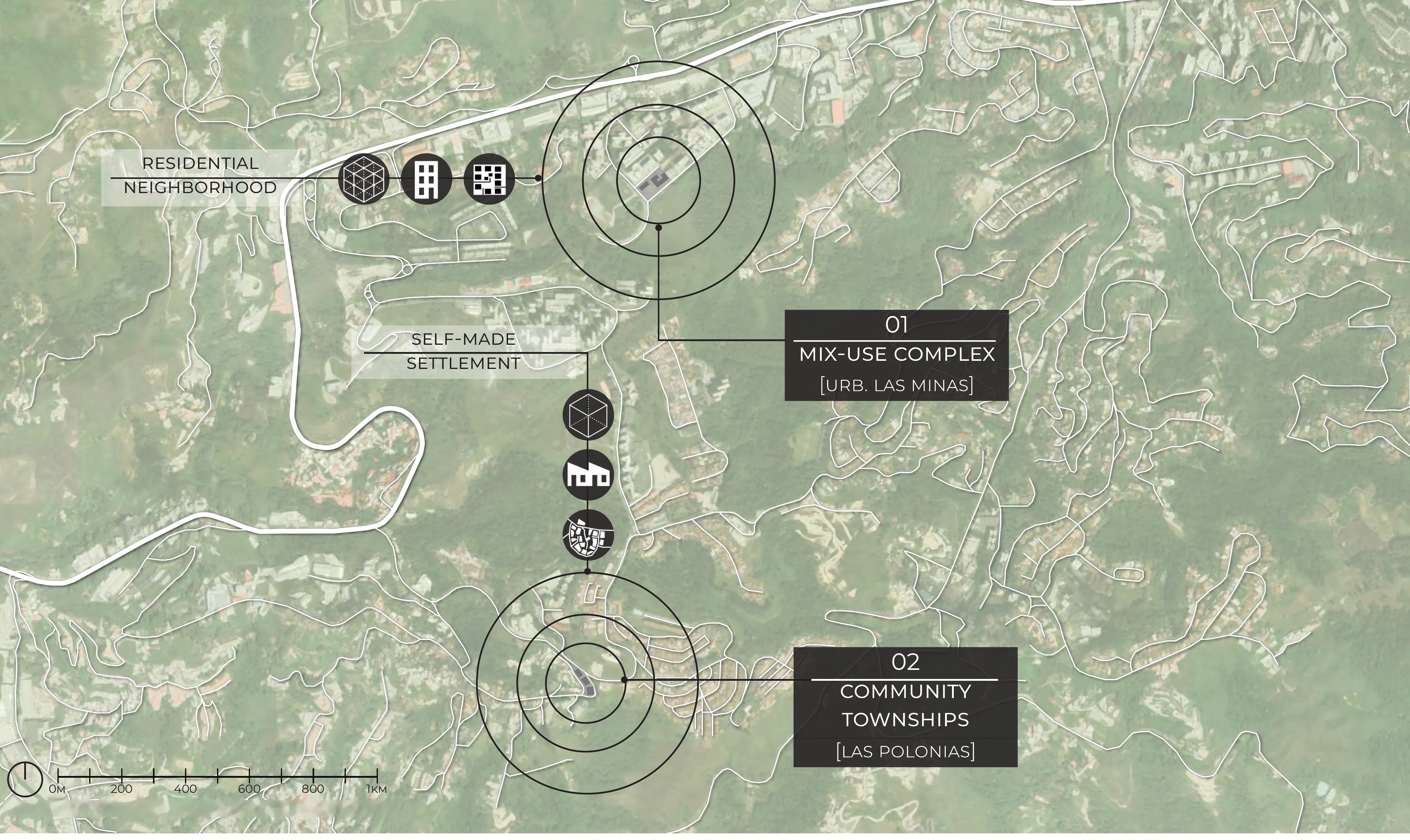 Satellite map of the intervention area in San Antonio de los Altos, with two sites marked by concentric circles: 01, a mixed-use complex in Urb. Las Minas near a residential neighborhood; and 02, community townships in Las Polonias by a self-made settlement.