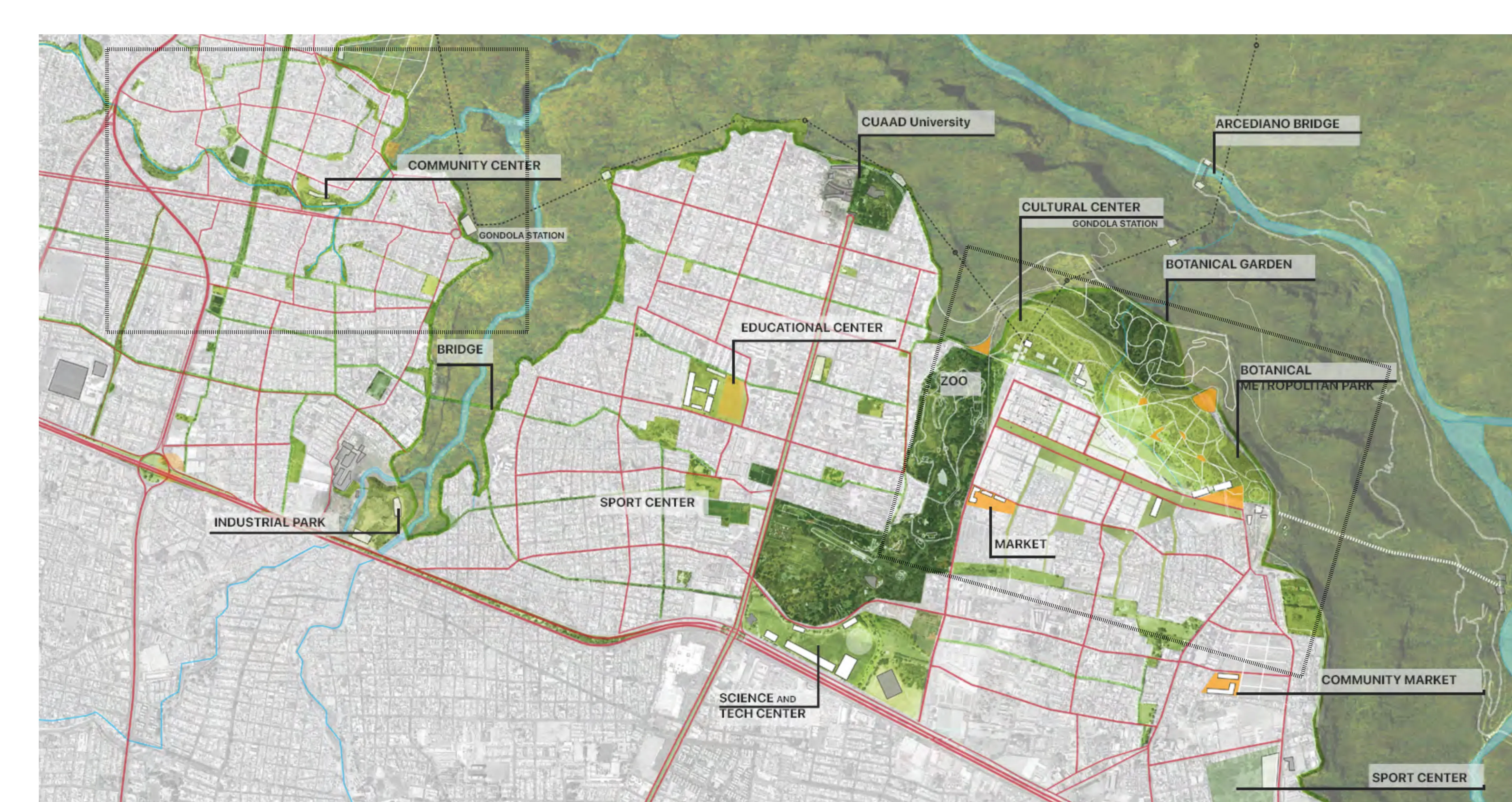 Western Huentitán master plan: the consolidated city grid meets a system of green corridors, parks and the canyon's natural reserve, with new centers — educational, cultural, sport and market facilities — marked along the protective border.