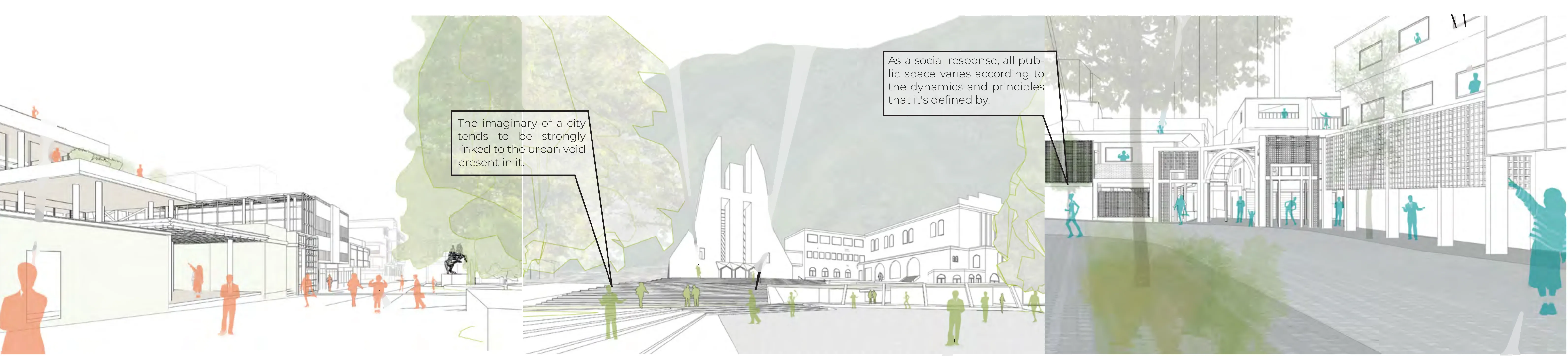 Continuous panoramic collage of the three plazas: the gallery street in Chacao with coral silhouettes, the twin plazas of Altamira against El Ávila with Don Bosco church, and the arched border of La Cruz with teal figures, annotated with notes on the urban void and public space.