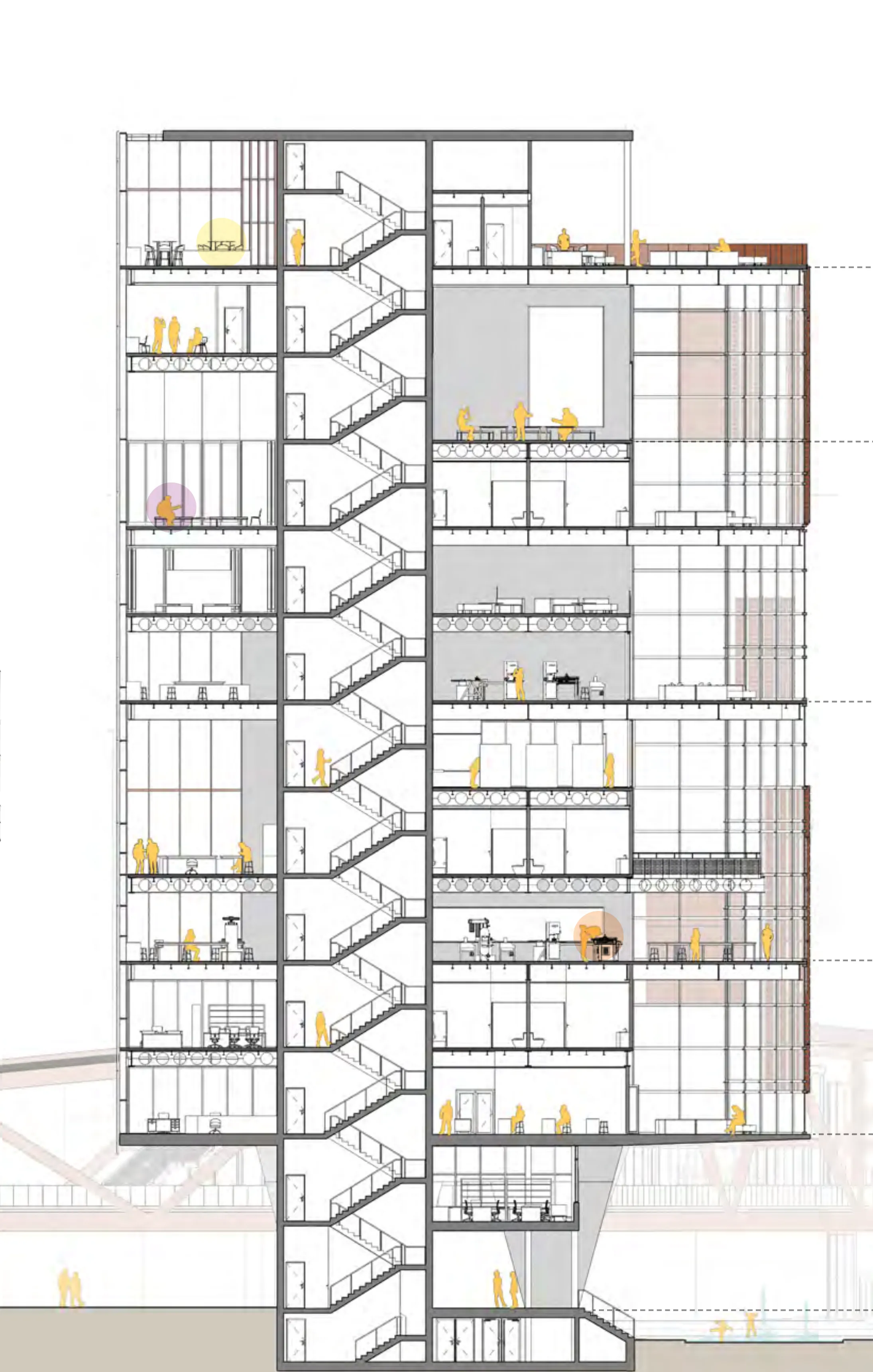 Tall sectioned perspective through the tower: twelve floors of classrooms, workshops and music rooms around the stair core, occupied by figures highlighted in yellow, with the terracotta bridge passing at its base.