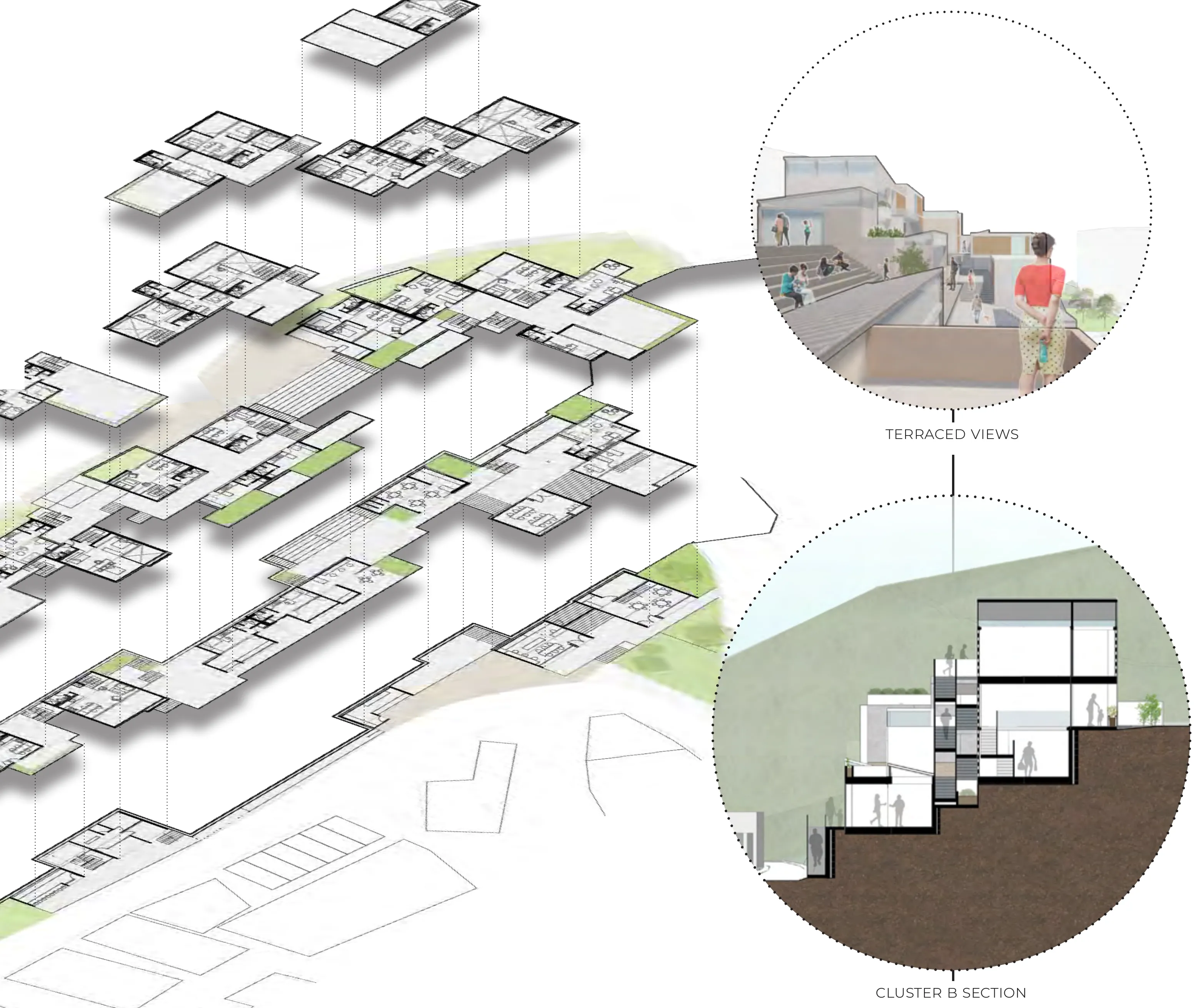 Exploded axonometric of the community townships: terraced unit plans step down the hillside, flanked by two circular vignettes — a view over the terraced roofs and a cluster section showing transversal connectivity on the slope.