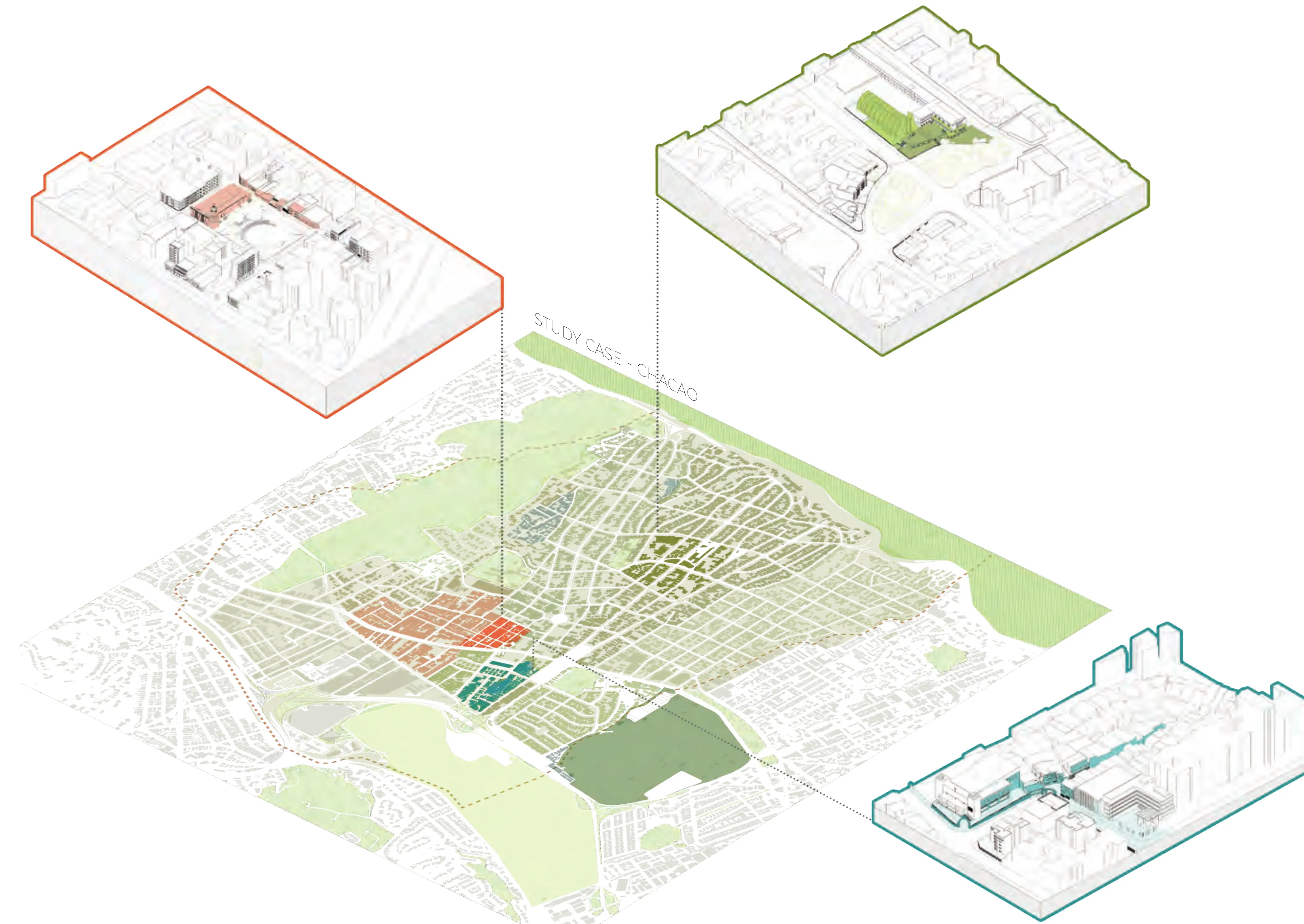 Axonometric of the Chacao study case: the sector map drawn in pastel greens with the colonial grid highlighted in salmon and teal, linked by leader lines to three colored block samples — the public city in salmon, the dispersed city in green and the private city in teal — along the dashed label study case Chacao.