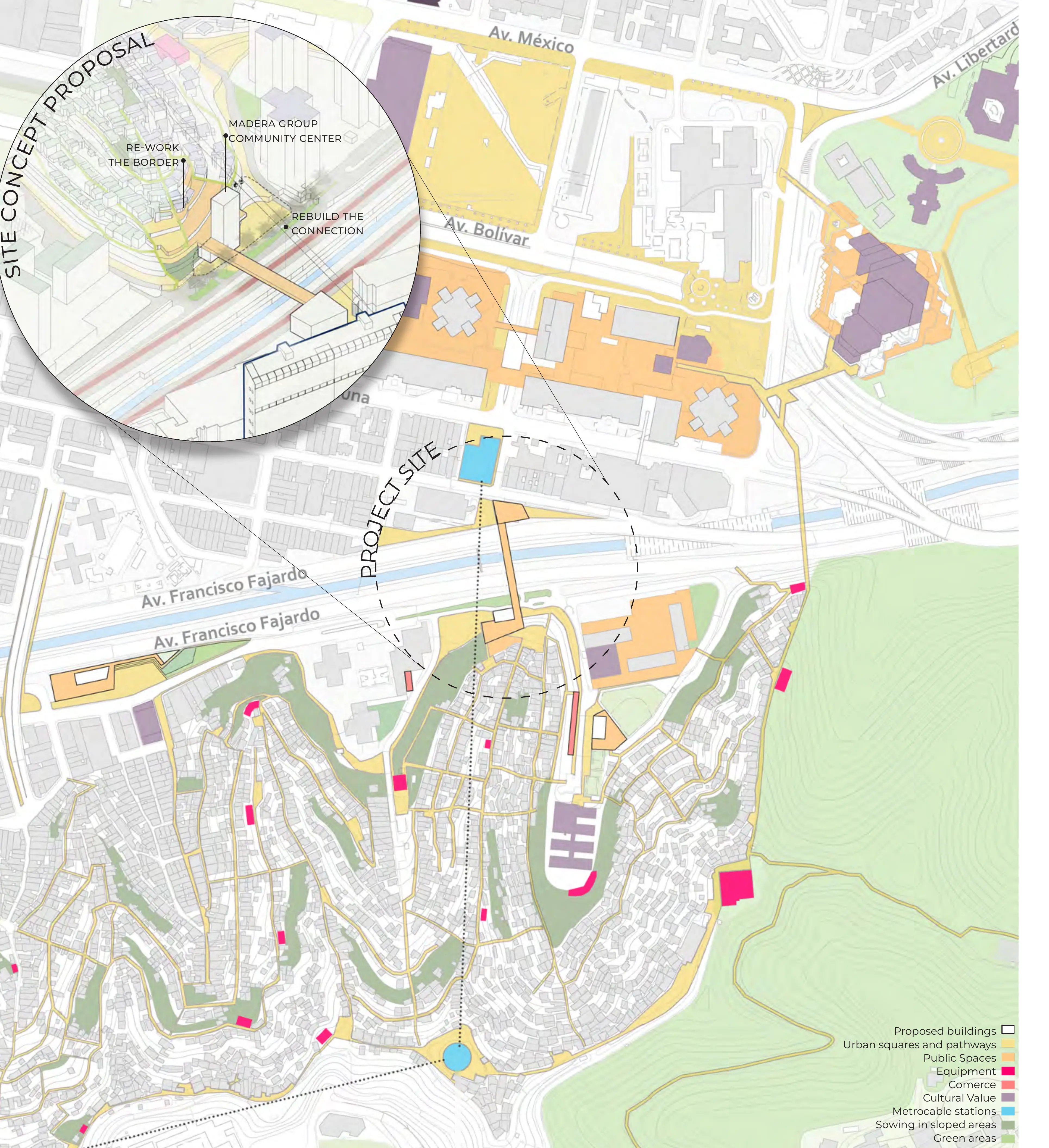 Pastel-toned general urban strategies plan: the city center grid north of the Francisco Fajardo highway and La Charneca's winding hillside fabric to the south, marked with proposed buildings, urban squares and pathways, public spaces, equipment, commerce, metrocable stations and green areas; a circular zoom inset details the site concept proposal — re-work the border, rebuild the connection, Madera Group community center.